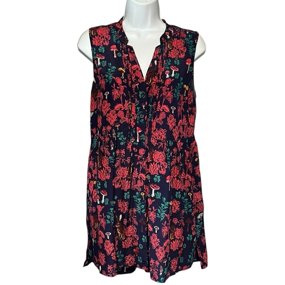 Nathalie Lété for Anthropologie Silk Sleeveless Rabbit Mushroom Tunic Top Size 6